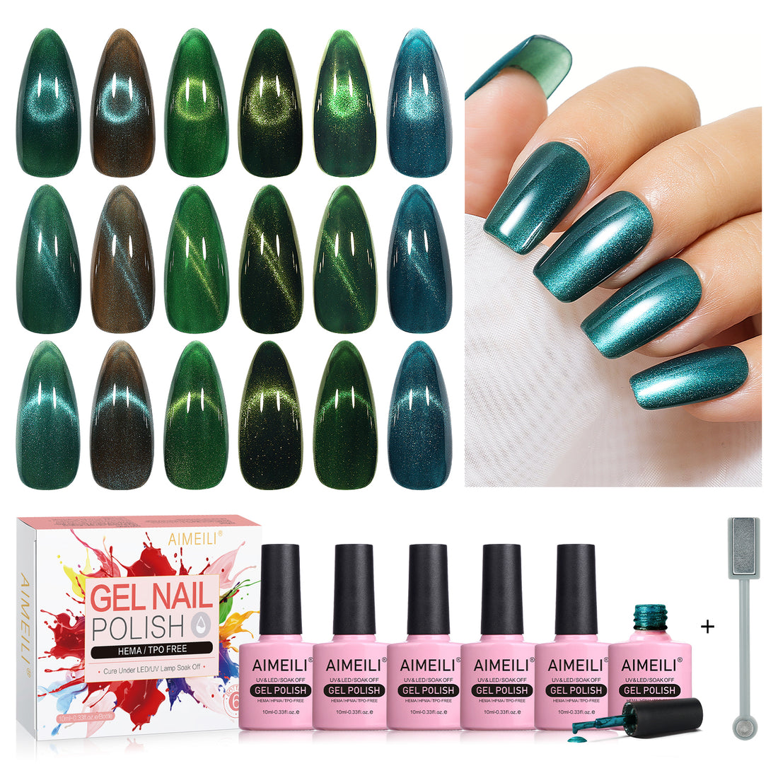 Green Cat Eye Nail Kit | Set Of 6pcs X 10ml