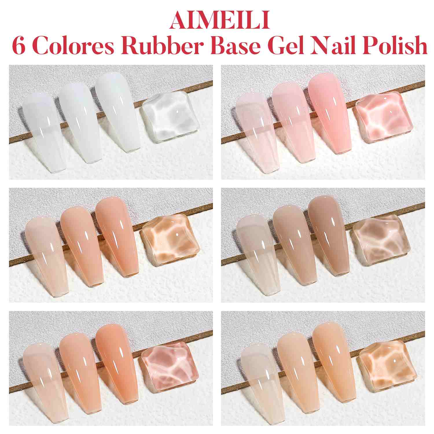 AIMEILI Rubber Base Gel – 6 Nude Colors, 5ml | Nail Strengthener | SET6-86_5ML