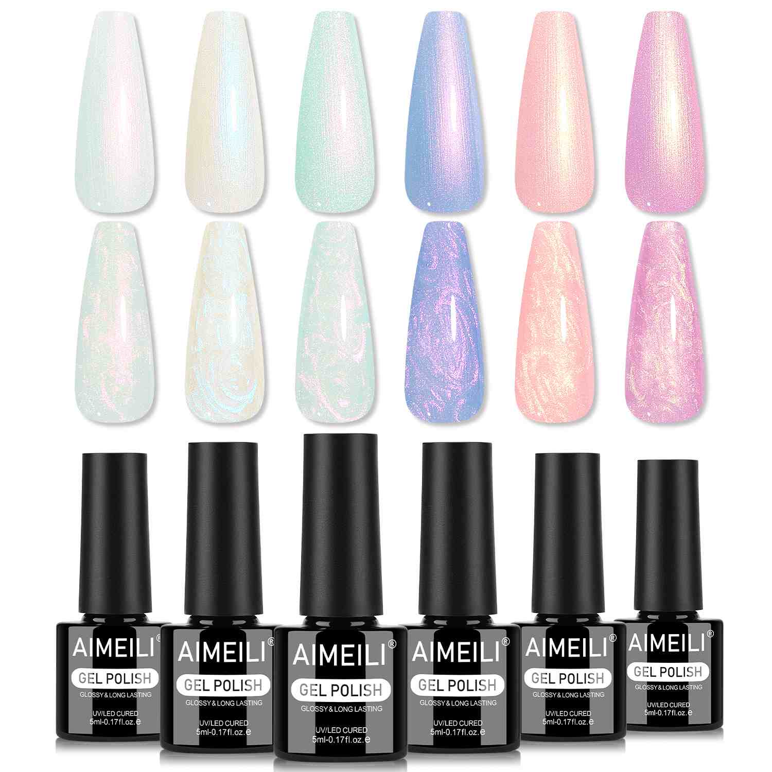 AIMEILI Pearl Gel Nail Polish – 6 Colors, 5ml | Shimmery &amp; Glossy | SET6-87_5ML