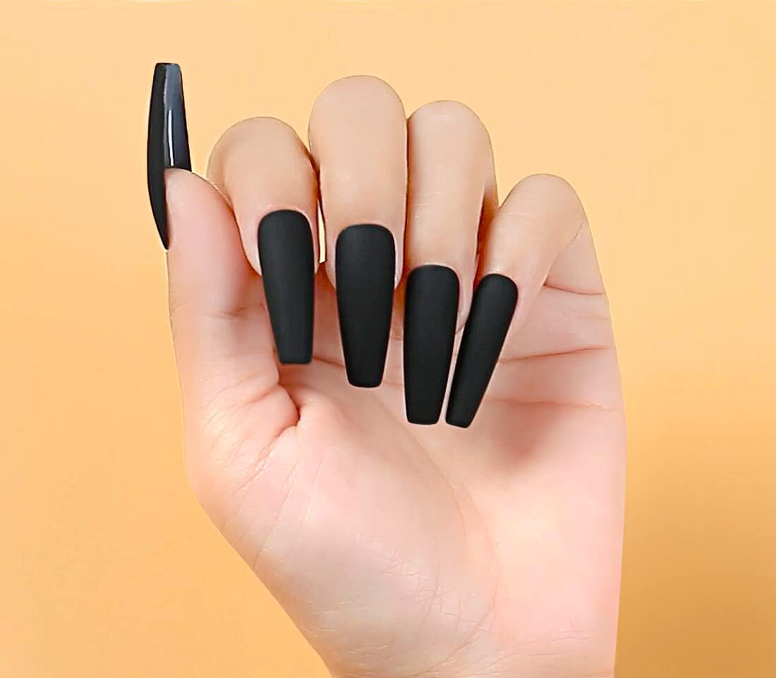 24 Matte Black Coffin Long Press on nails witchy goth alt dark fall –  surethings.net