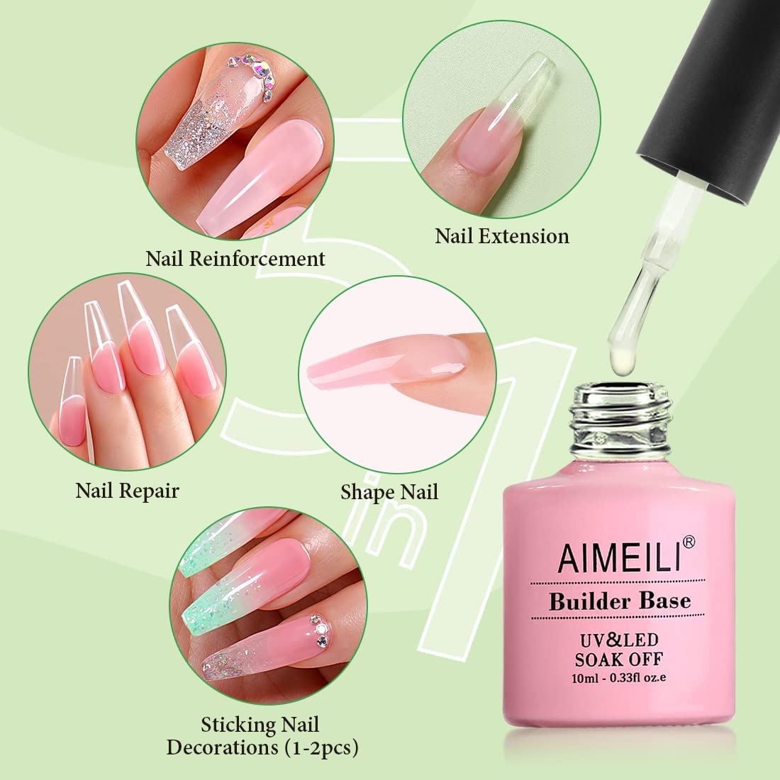 Aimeili 5 in 1 Builder Base Strengthening Gel, UV/LED Clear Building Nail Gel in A Bottle for Nails Extension Gel Polish Coat Nail Repair Nail