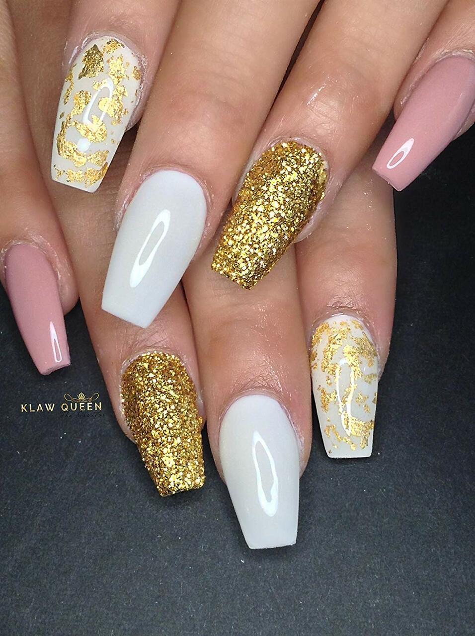 white and gold nails 